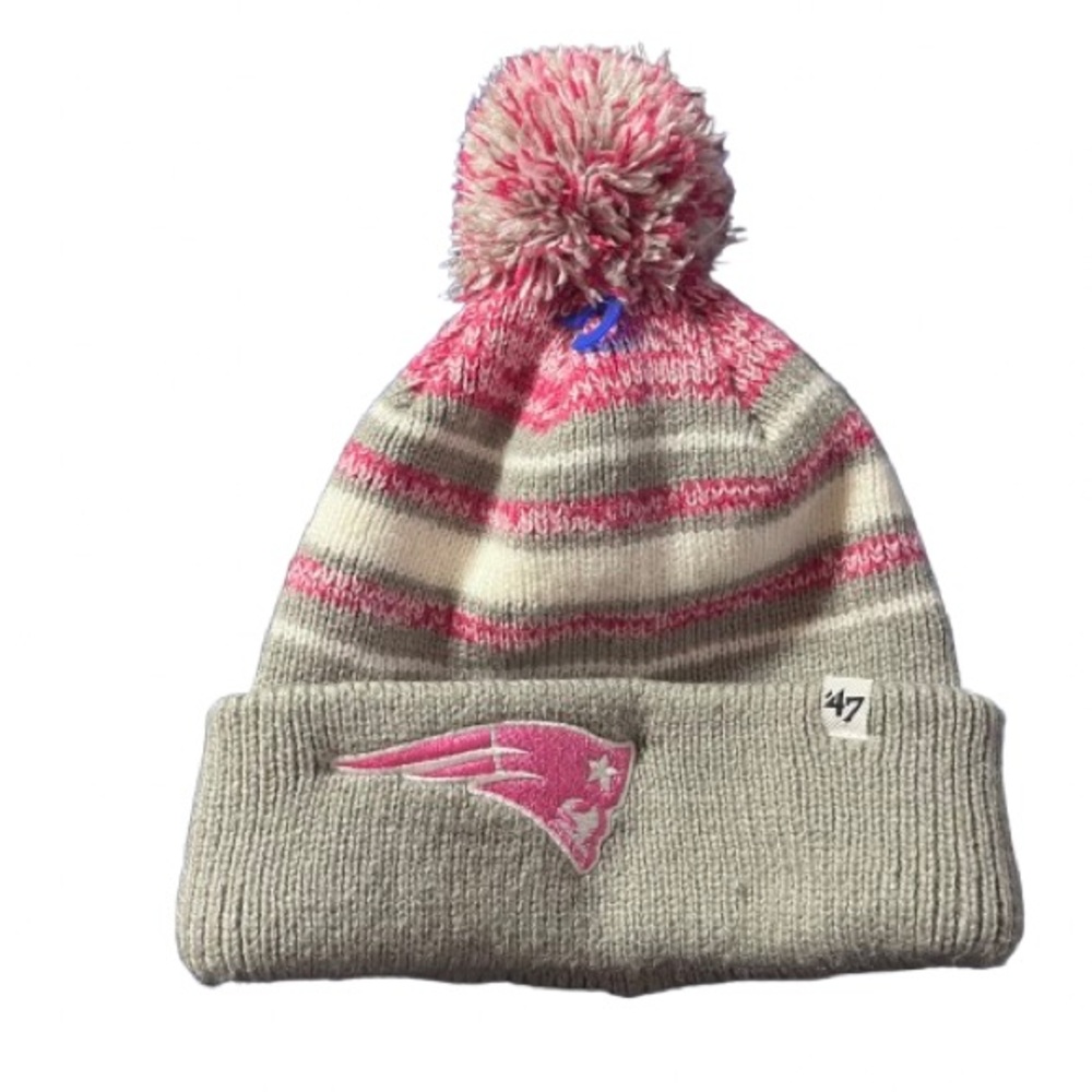 '47 Kids' Pink and Gray Striped Beanie with Pom-Pom